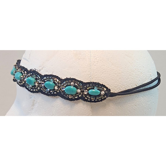 Vintage Rhinestone Turquoise Beaded Applique Headband Stretchy Hair Band OSFM - Picture 2 of 8